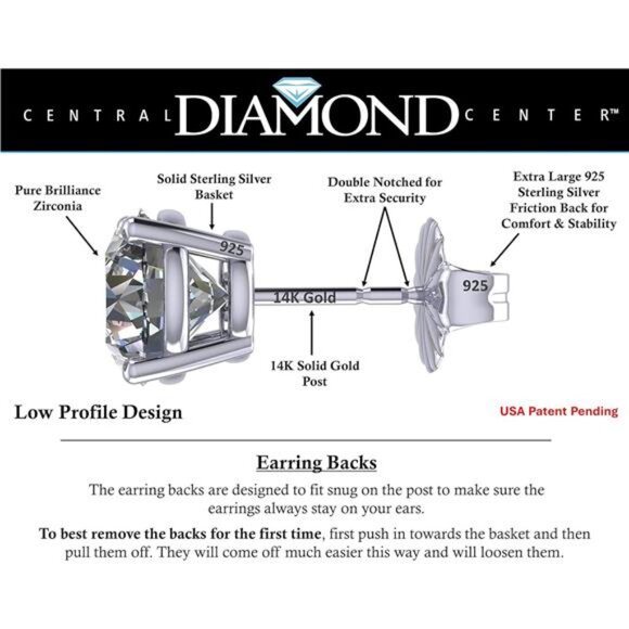 14K Solid Gold Post & Silver Simulated Diamond Stud Earrings-cubic zirconia - Picture 2 of 7